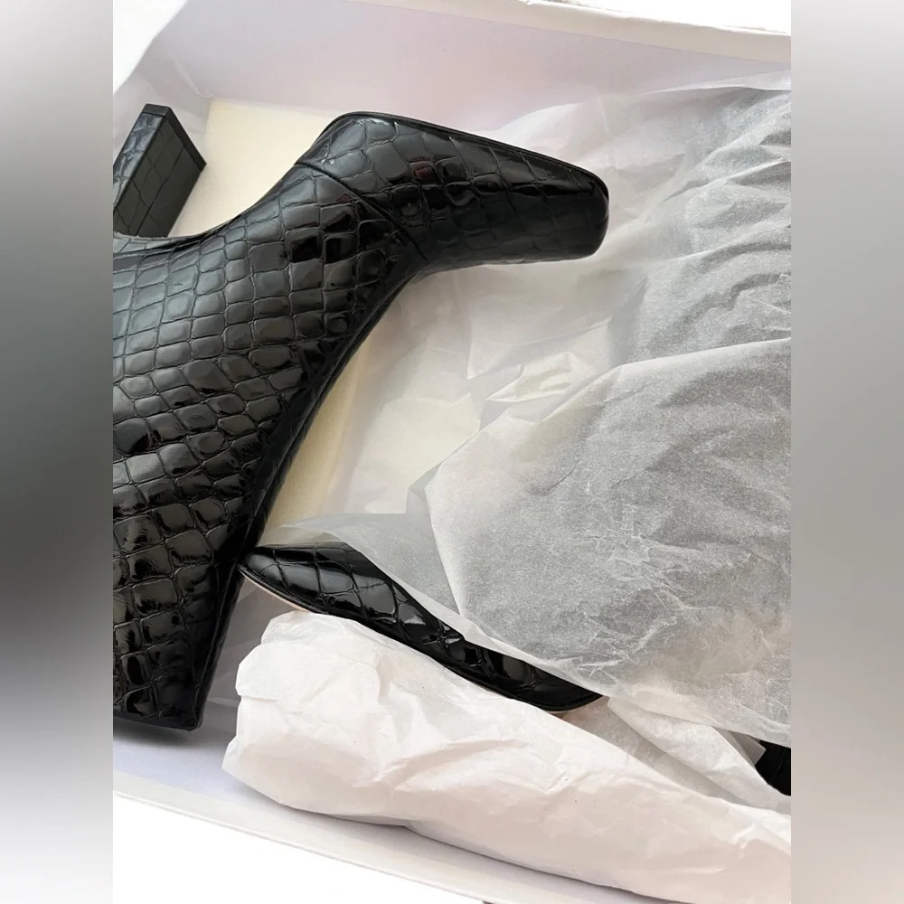 Good American Black Croc Embossed‎ Square Toe Mid-Calf Boots Size 6